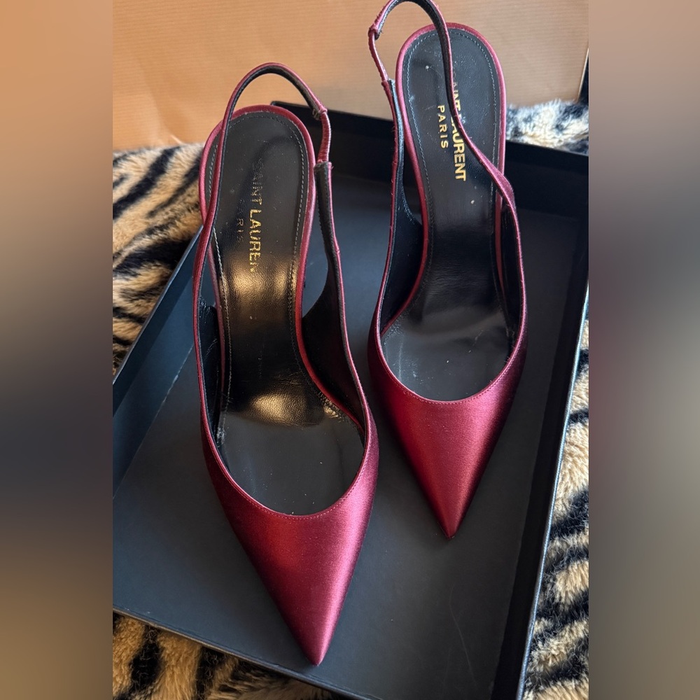Yves Saint Laurent Burgundy Satin Pointed Slingback Stiletto Heels - Picture 6 of 8